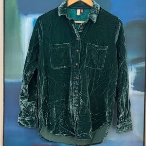 Anthropologie Pilcro Relaxed Velvet Button down Emerald Green